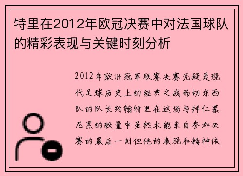 特里在2012年欧冠决赛中对法国球队的精彩表现与关键时刻分析